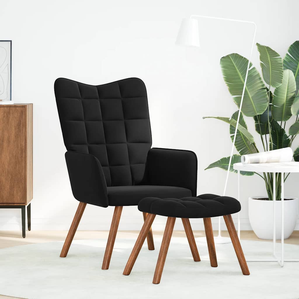 Relaxstoel met kruk zwart fluweel