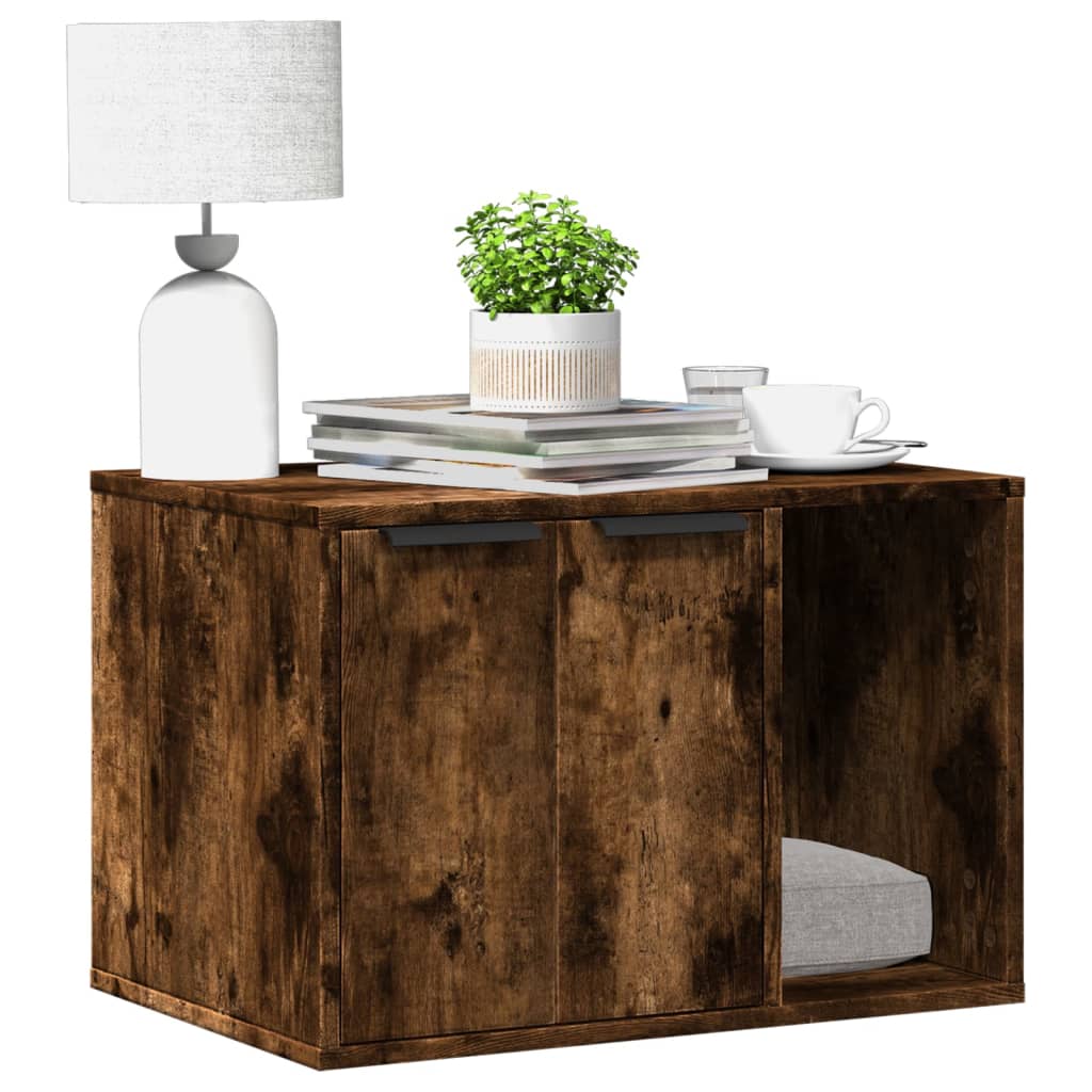 Kattenbakkast 60x40x40 cm bewerkt hout gerookt eikenkleurig