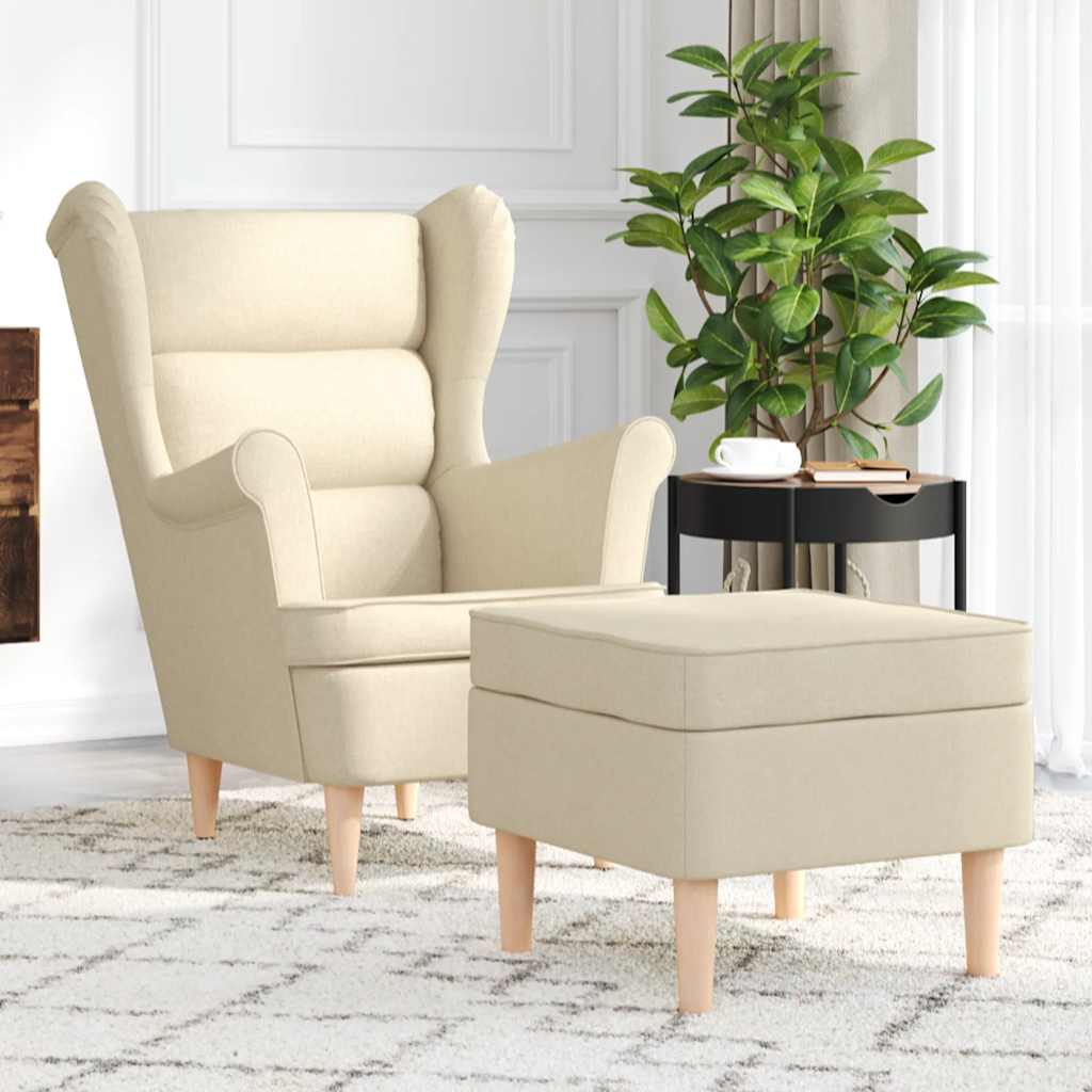 Fauteuil met voetenbankje stof crèmekleurig