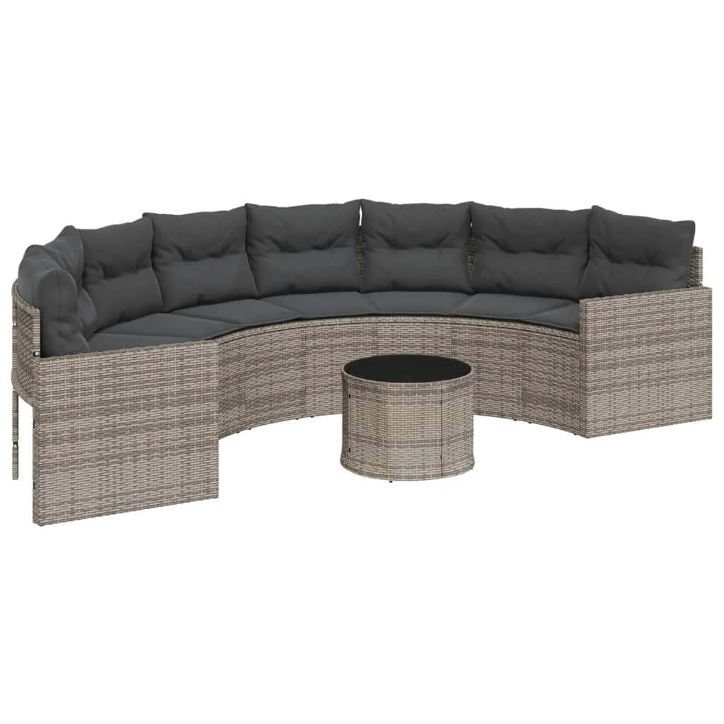 Tuinbank met tafel en kussens halfrond poly rattan grijs