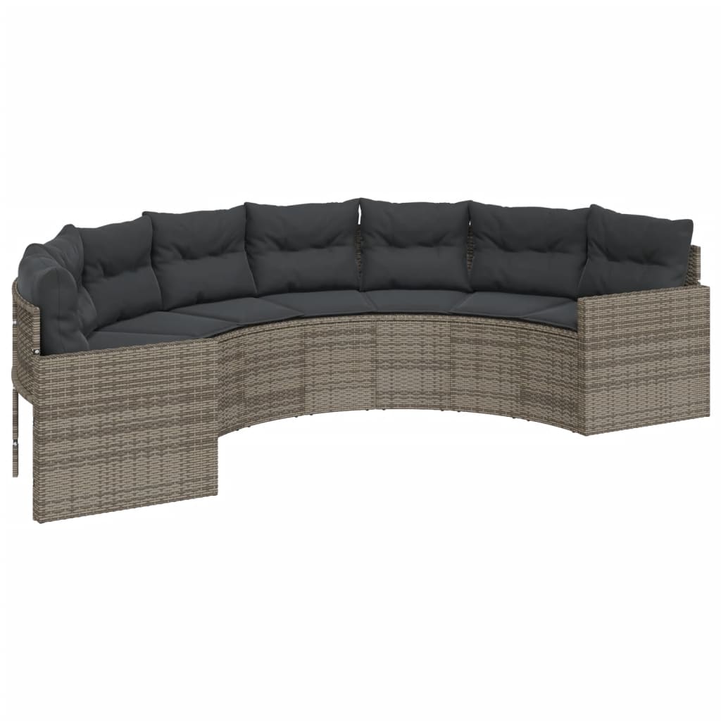 Tuinbank met tafel en kussens halfrond poly rattan grijs