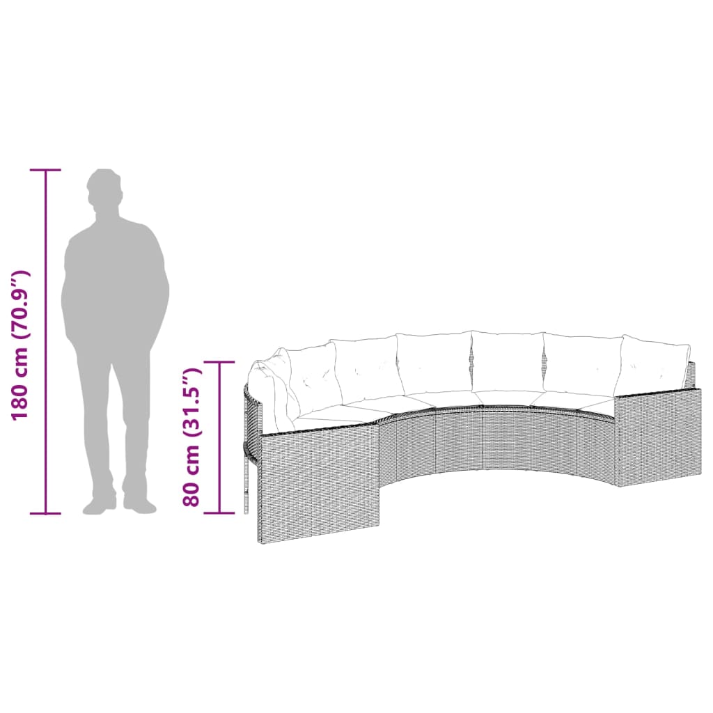 Tuinbank met tafel en kussens halfrond poly rattan grijs