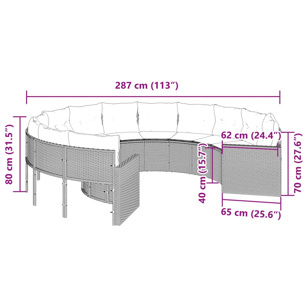 Tuinbank met kussens rond poly rattan zwart