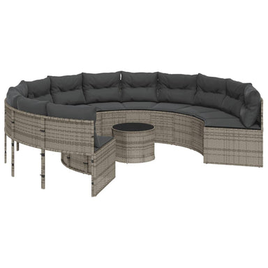 Tuinbank met tafel en kussens rond poly rattan grijs
