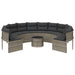 Tuinbank met tafel en kussens rond poly rattan grijs
