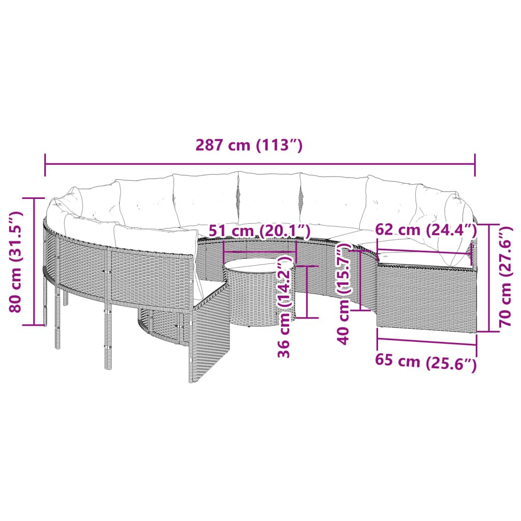 Tuinbank met tafel en kussens rond poly rattan beige