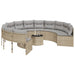 Tuinbank met tafel en kussens rond poly rattan beige