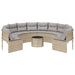 Tuinbank met tafel en kussens rond poly rattan beige