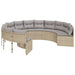 Tuinbank met tafel en kussens rond poly rattan beige