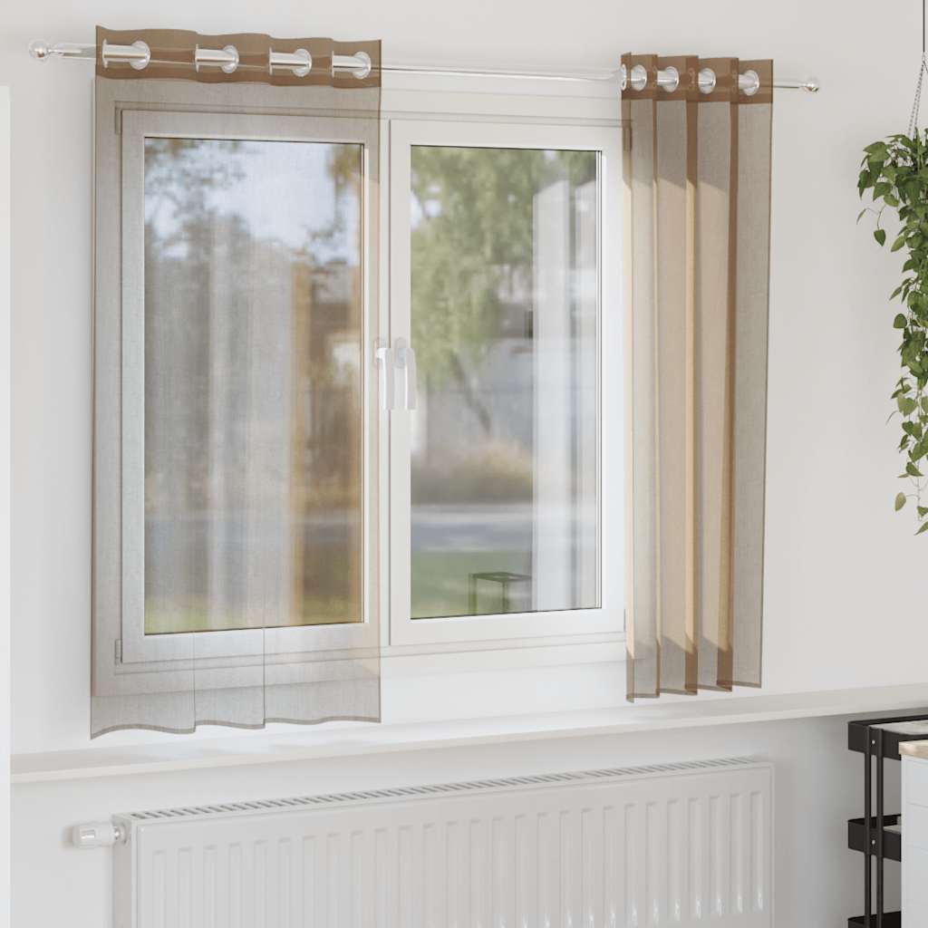 Gordijnen voile met doorvoertules 2 st lichtbruin