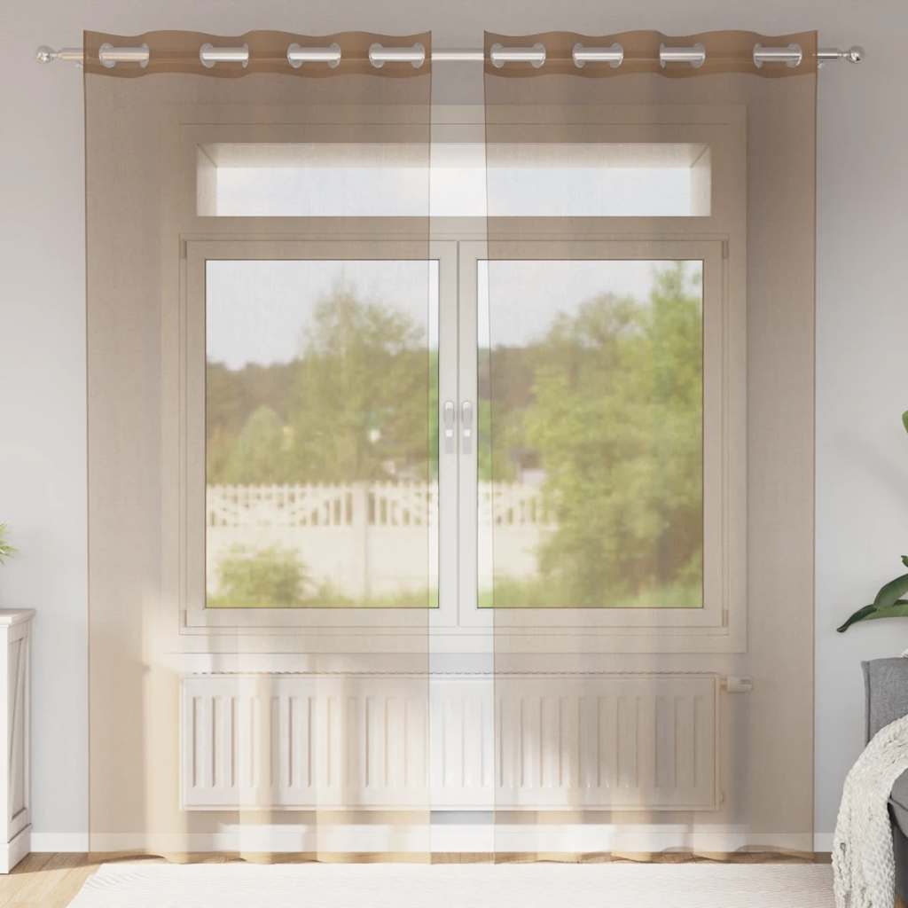Gordijnen voile met doorvoertules 2 st lichtbruin
