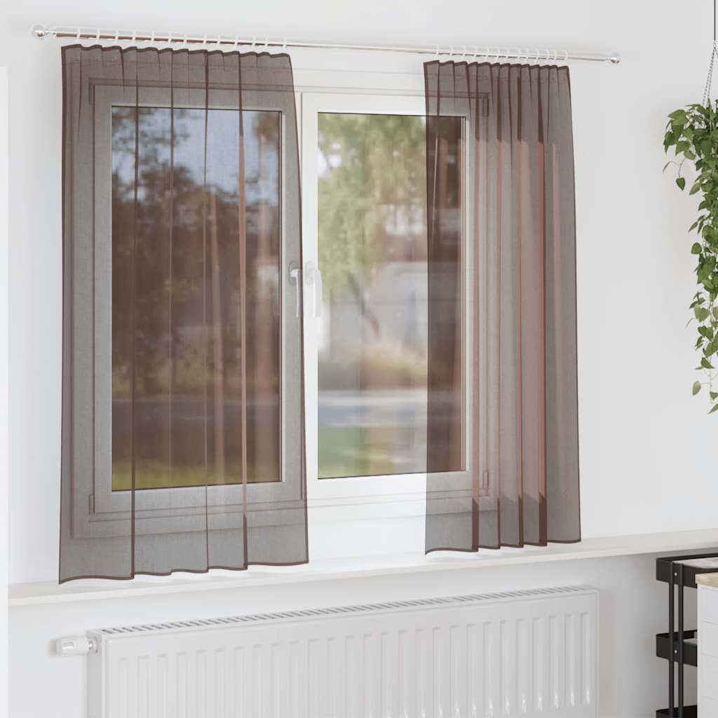 Gordijnen voile met roedezakken 2 st bruin