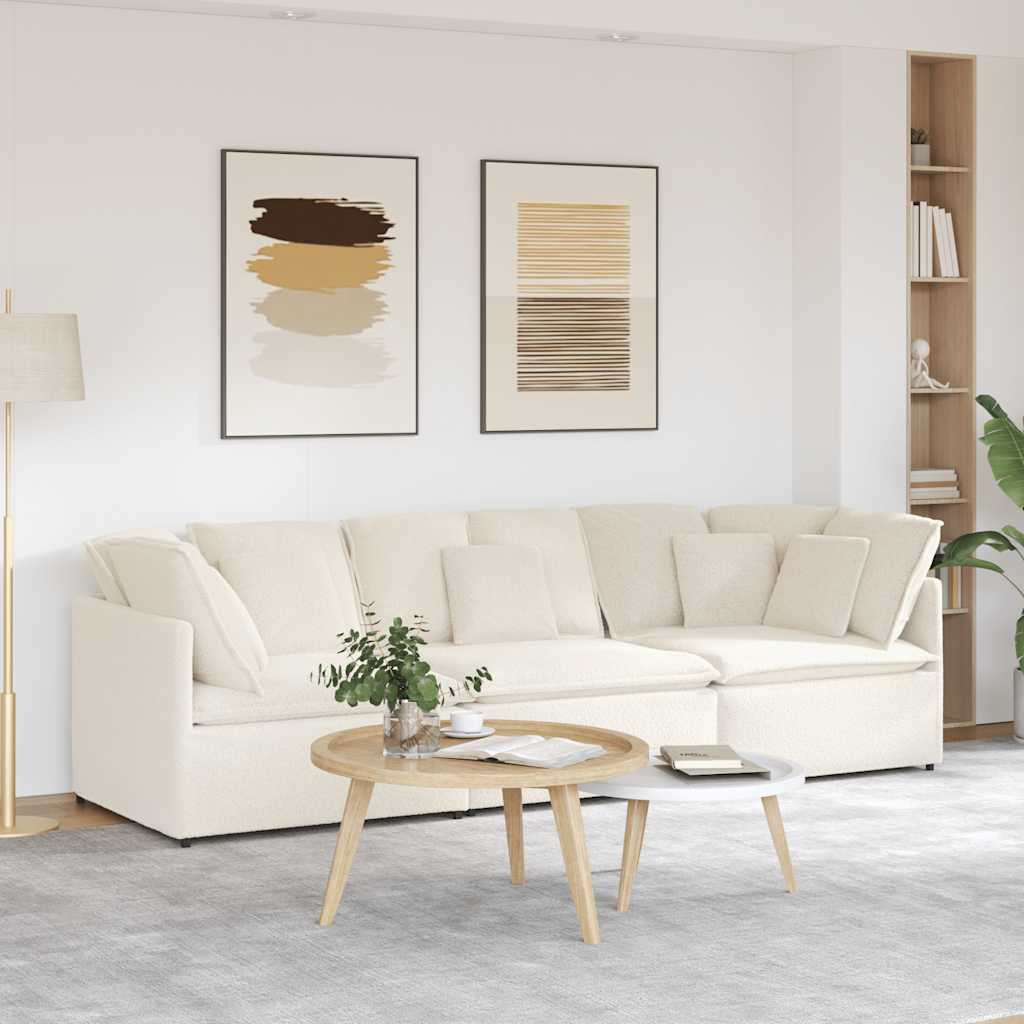 Modulaire bank met kussens gekrulde wolachtige stof crème