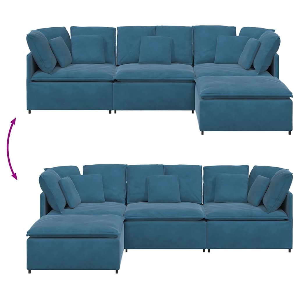 Modulaire bank met voetenbank en kussens fluweel blauw