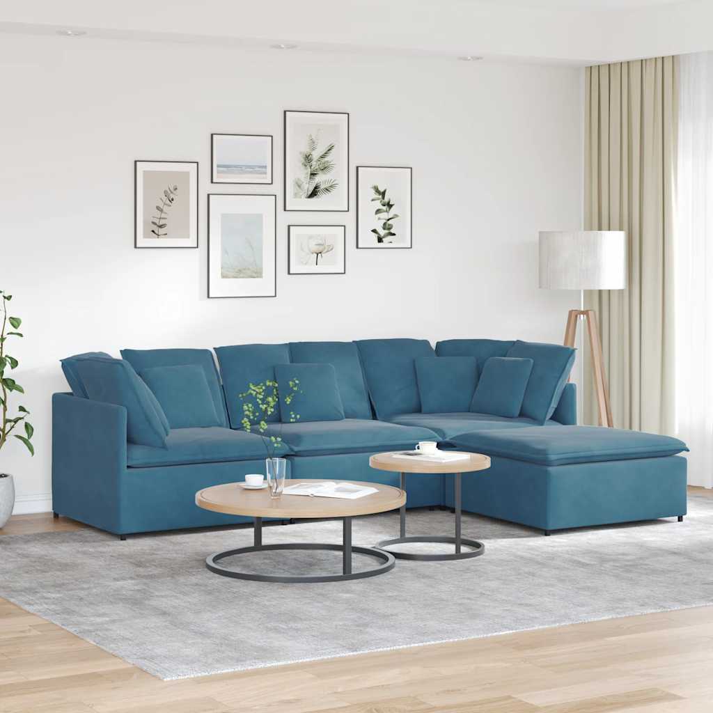Modulaire bank met voetenbank en kussens fluweel blauw