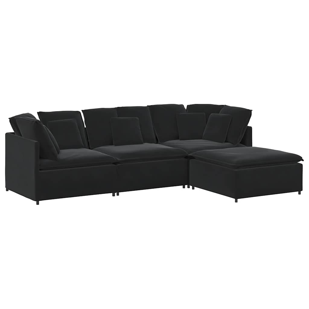 Modulaire bank met voetenbank en kussens fluweel zwart
