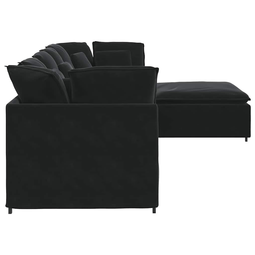 Modulaire bank met voetenbank en kussens fluweel zwart