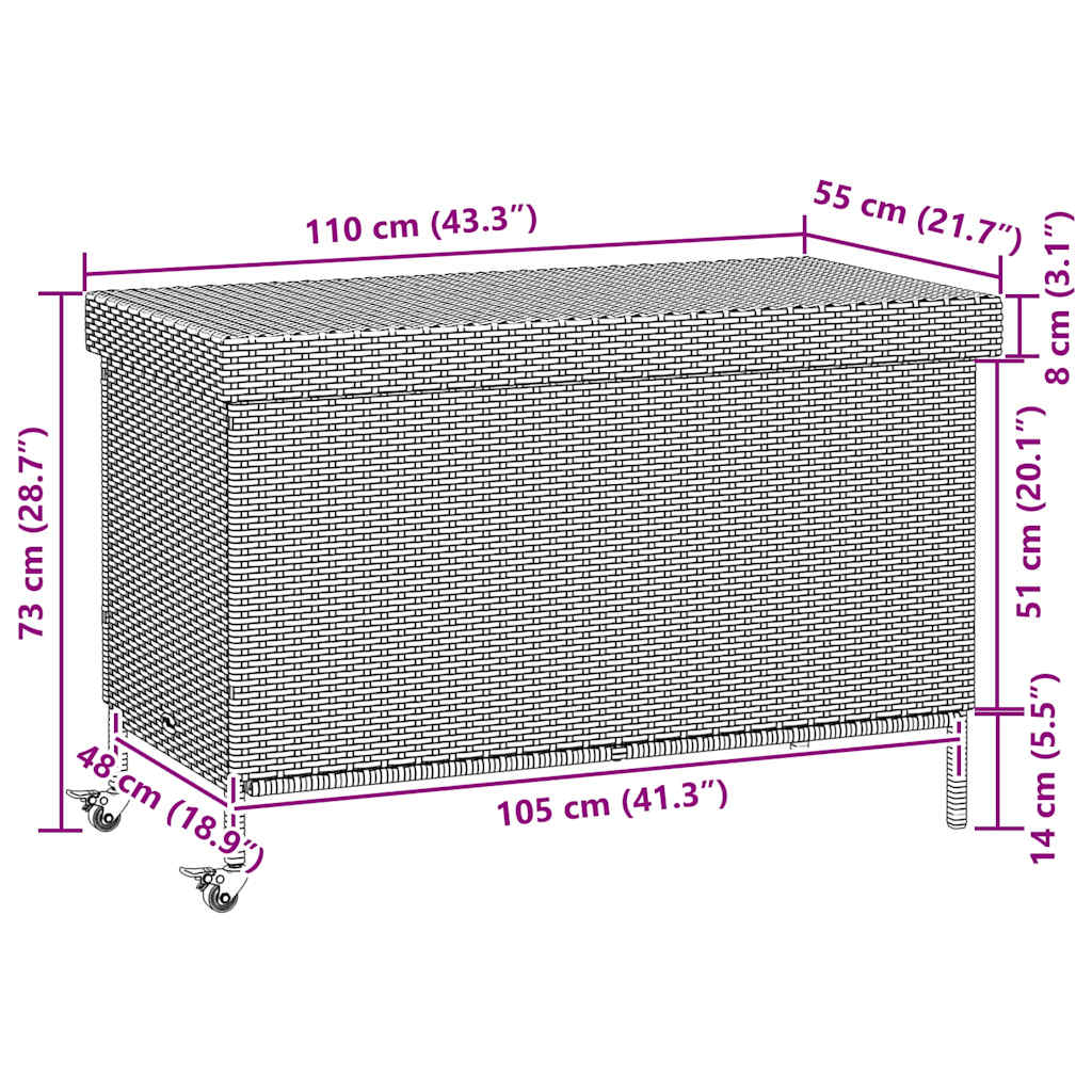 Tuinbox met wielen 110x55x73 cm poly rattan grijs