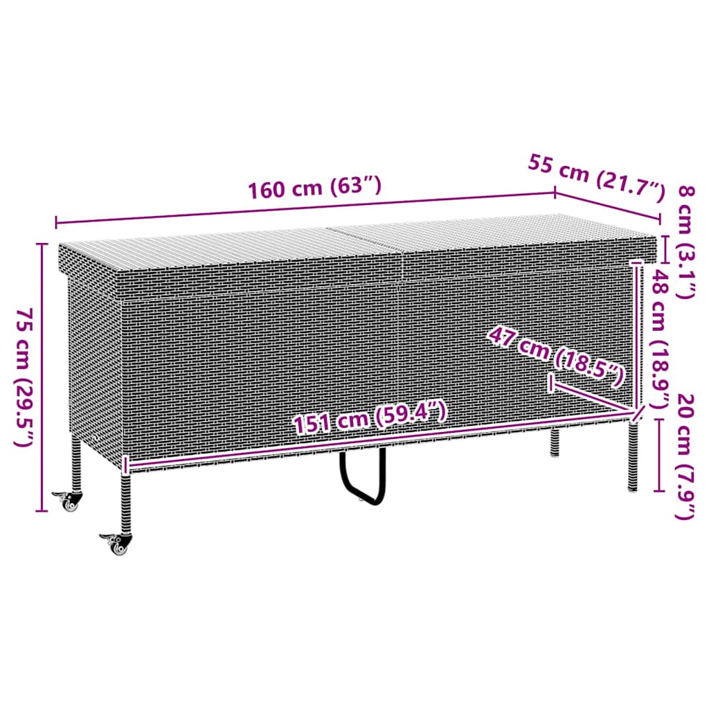Tuinbox met wielen 160x55x75 cm poly rattan grijs