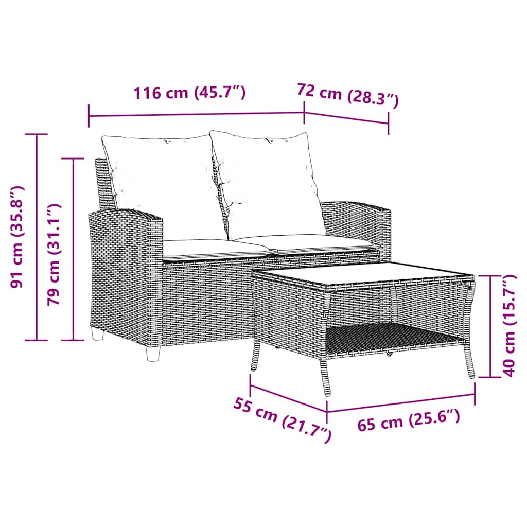 Tuinbank 2-zits met kussens & tafel poly rattan bruin
