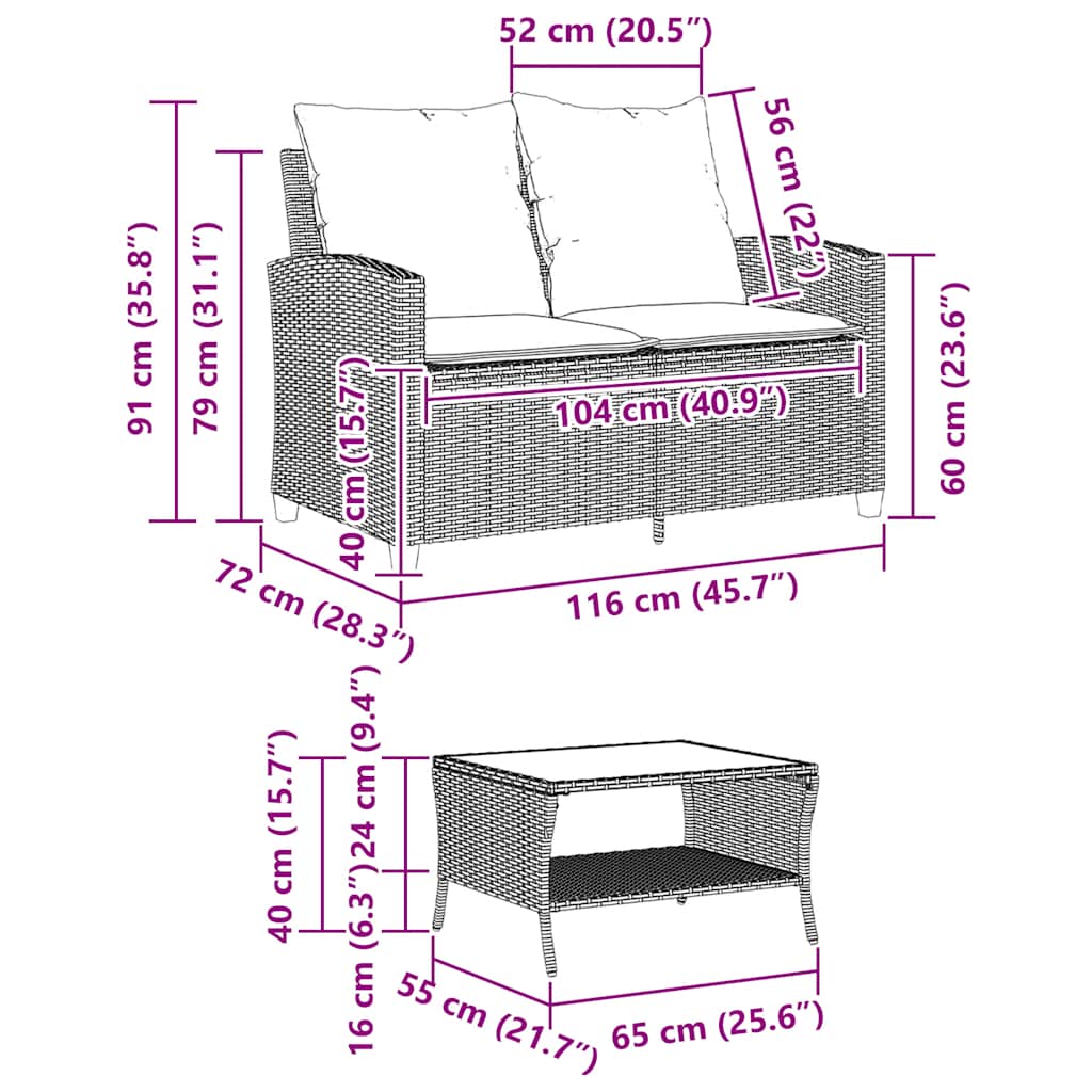 Tuinbank 2-zits met kussens & tafel poly rattan bruin