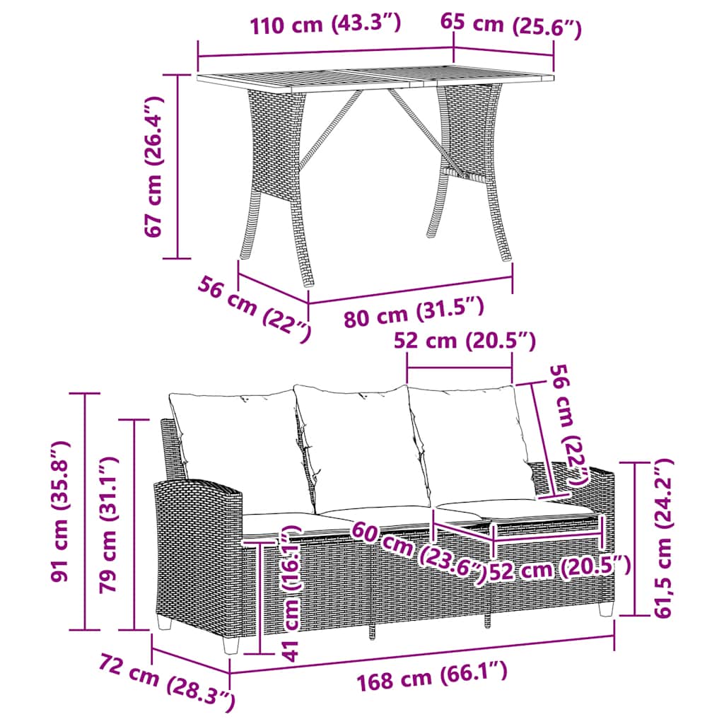 Tuinbank 3-zits met kussens & tafel poly rattan beige