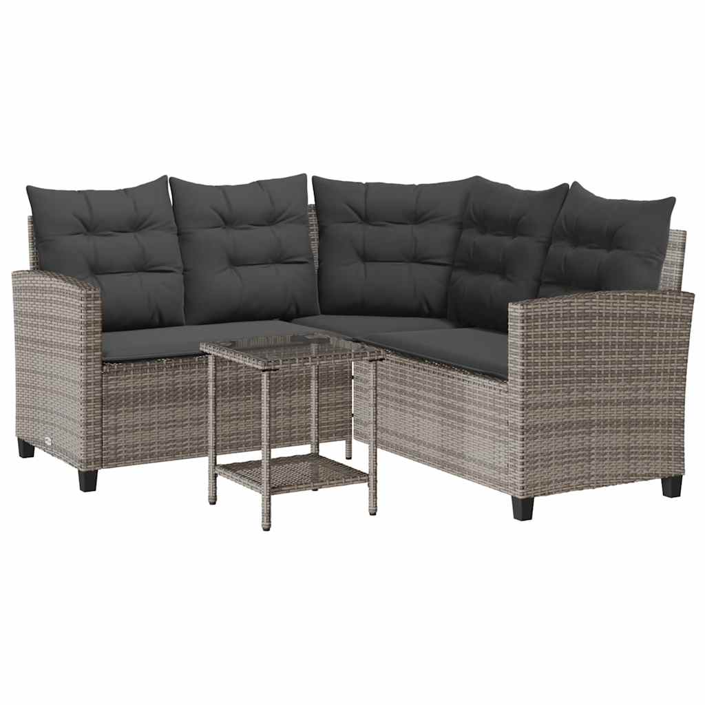 Tuinbank met tafel en kussens L-vormig poly rattan grijs