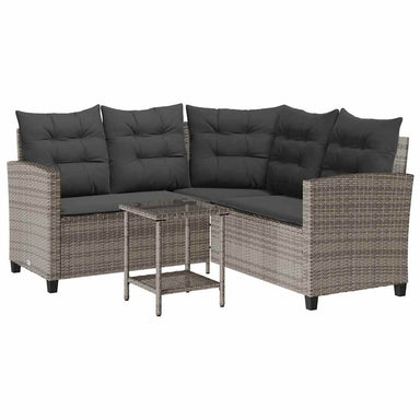 Tuinbank met tafel en kussens L-vormig poly rattan grijs