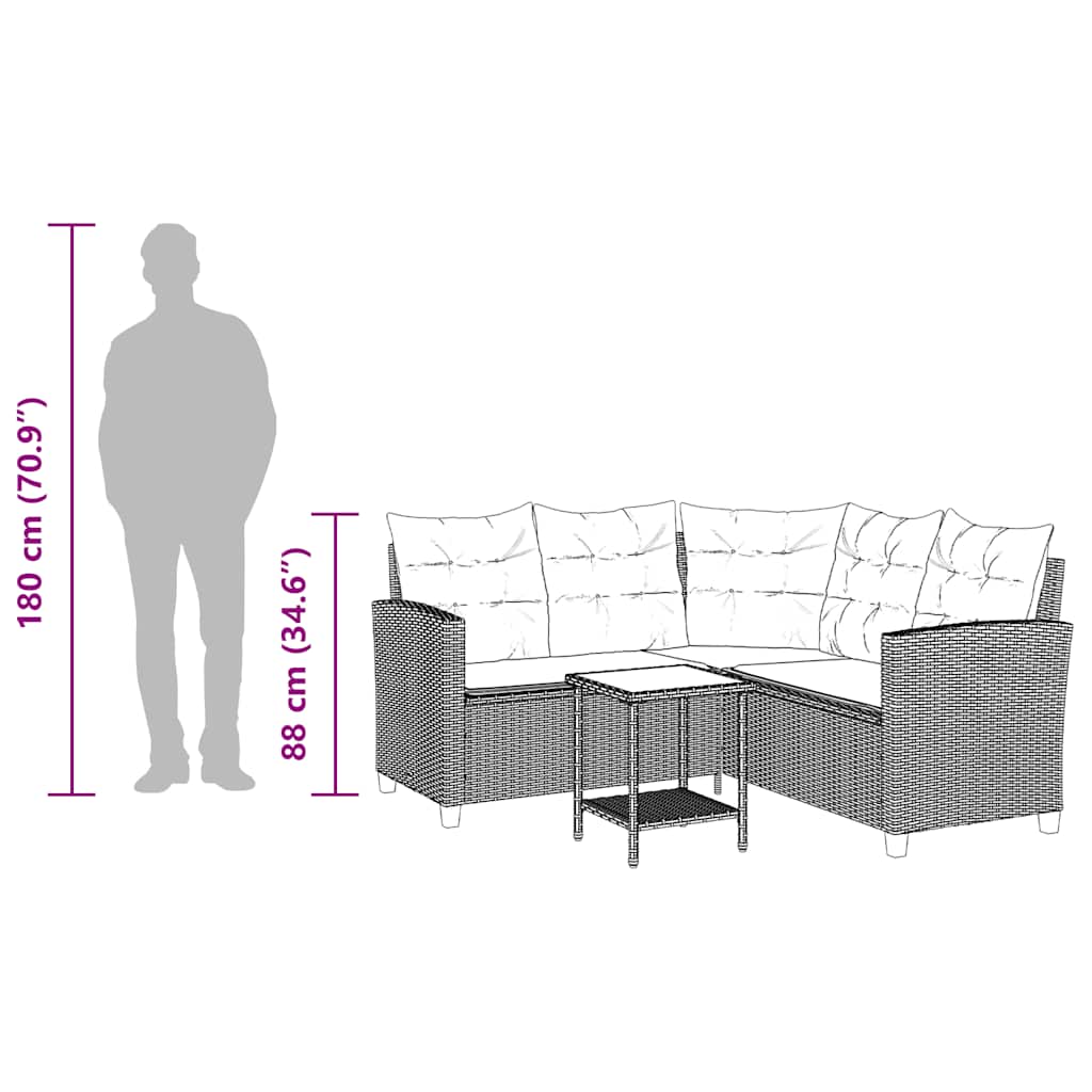 Tuinbank met tafel en kussens L-vormig poly rattan grijs