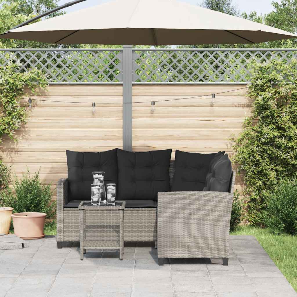 Tuinbank met tafel en kussens L-vormig poly rattan grijs