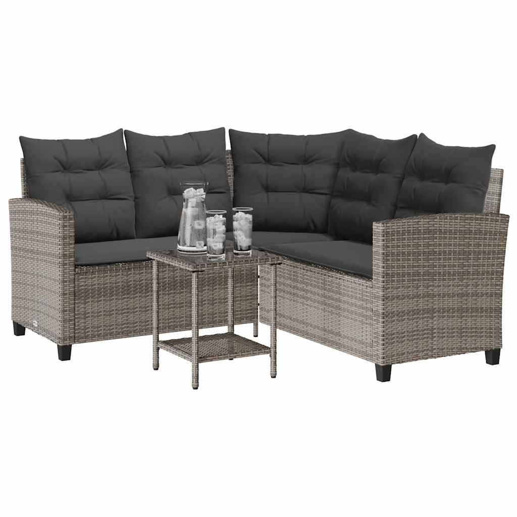 Tuinbank met tafel en kussens L-vormig poly rattan grijs
