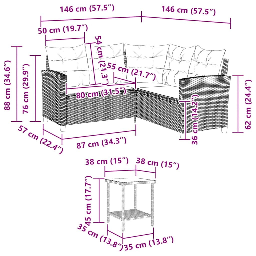 Tuinbank met tafel en kussens L-vormig poly rattan grijs