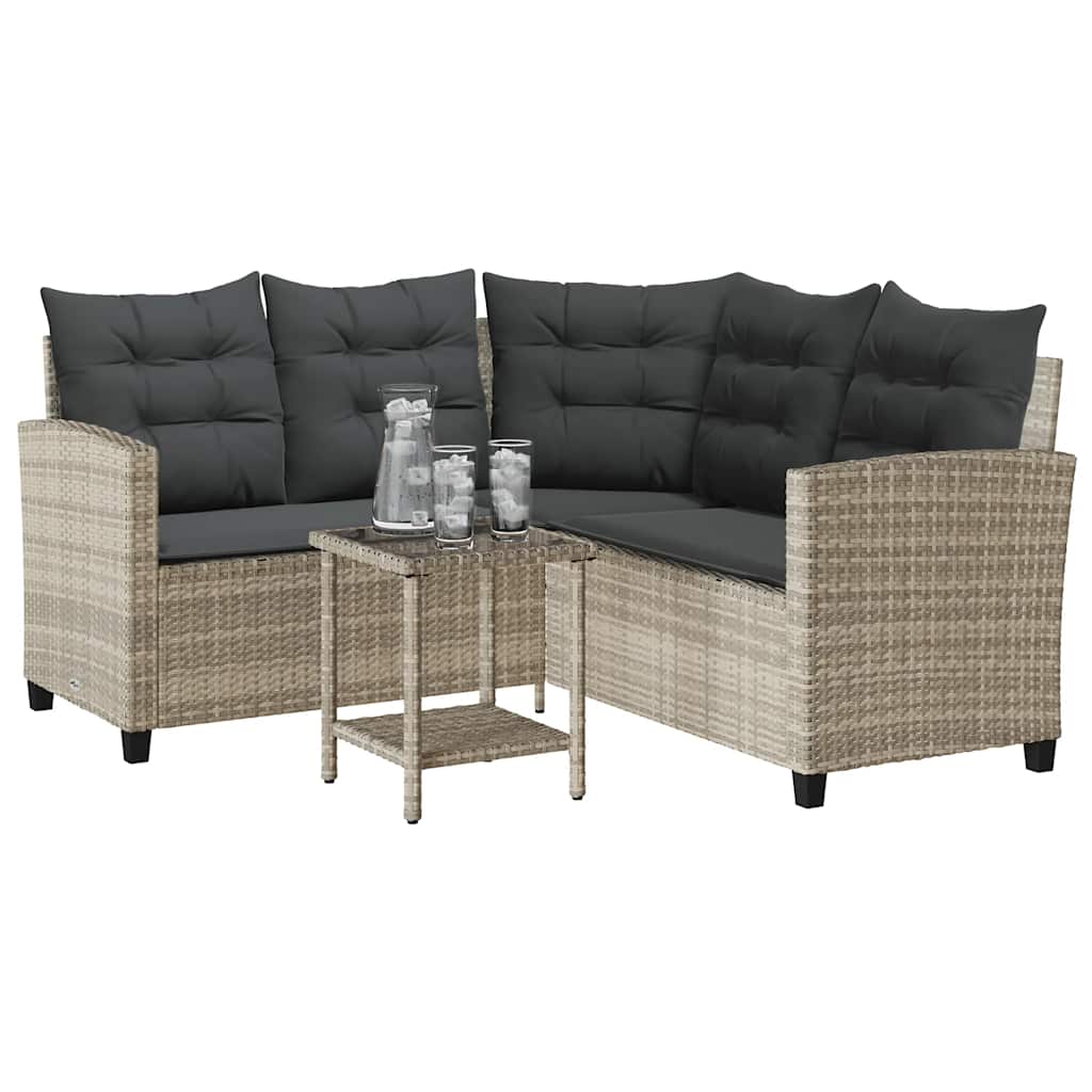 Tuinbank met tafel en kussens L-vormig poly rattan lichtgrijs