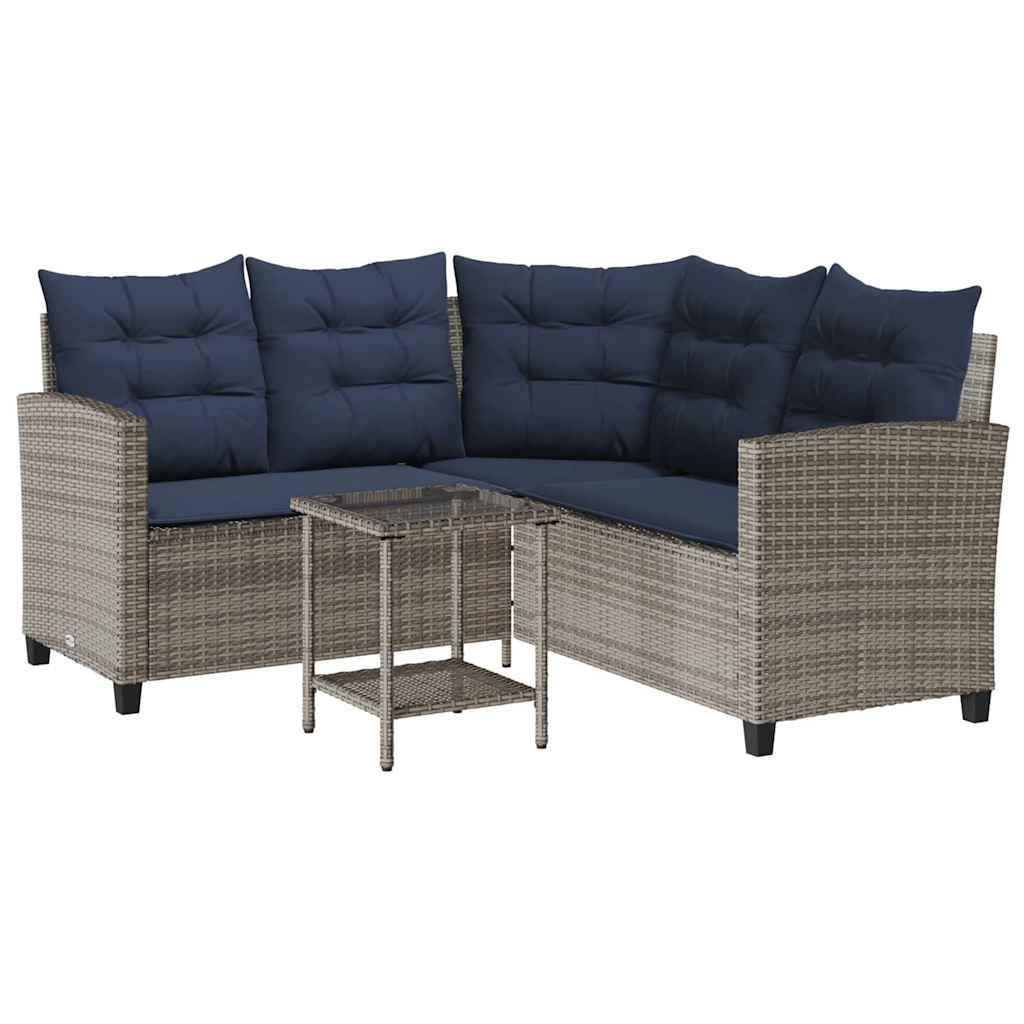 Tuinbank met tafel en kussens L-vormig poly rattan grijs
