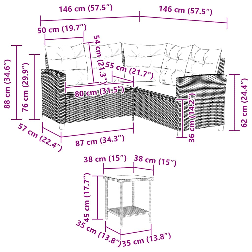Tuinbank met tafel en kussens L-vormig poly rattan grijs