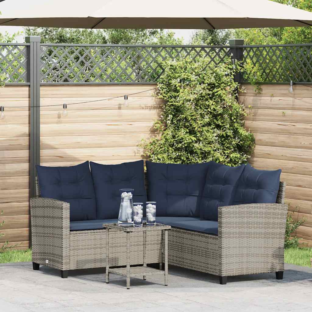 Tuinbank met tafel en kussens L-vormig poly rattan grijs