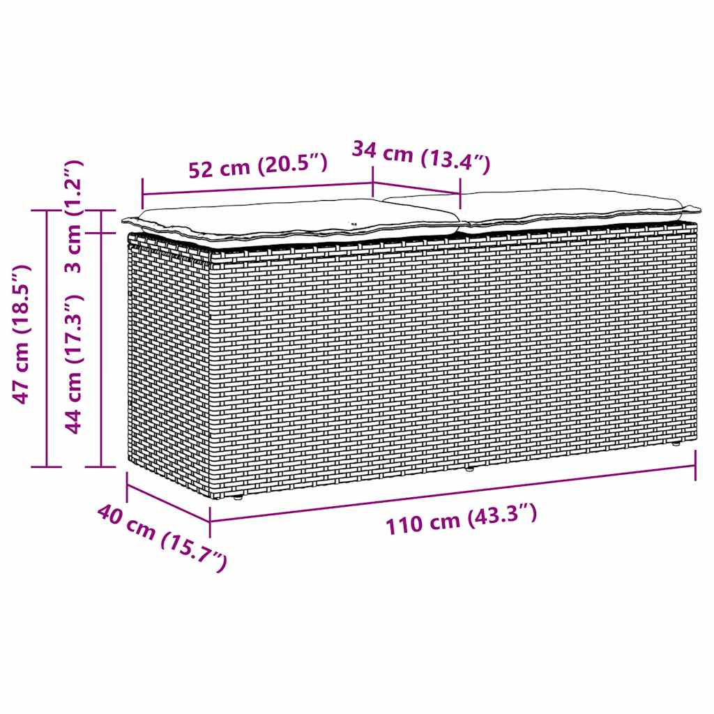 Tuinbank met kussen 110x40x44 cm poly rattan zwart