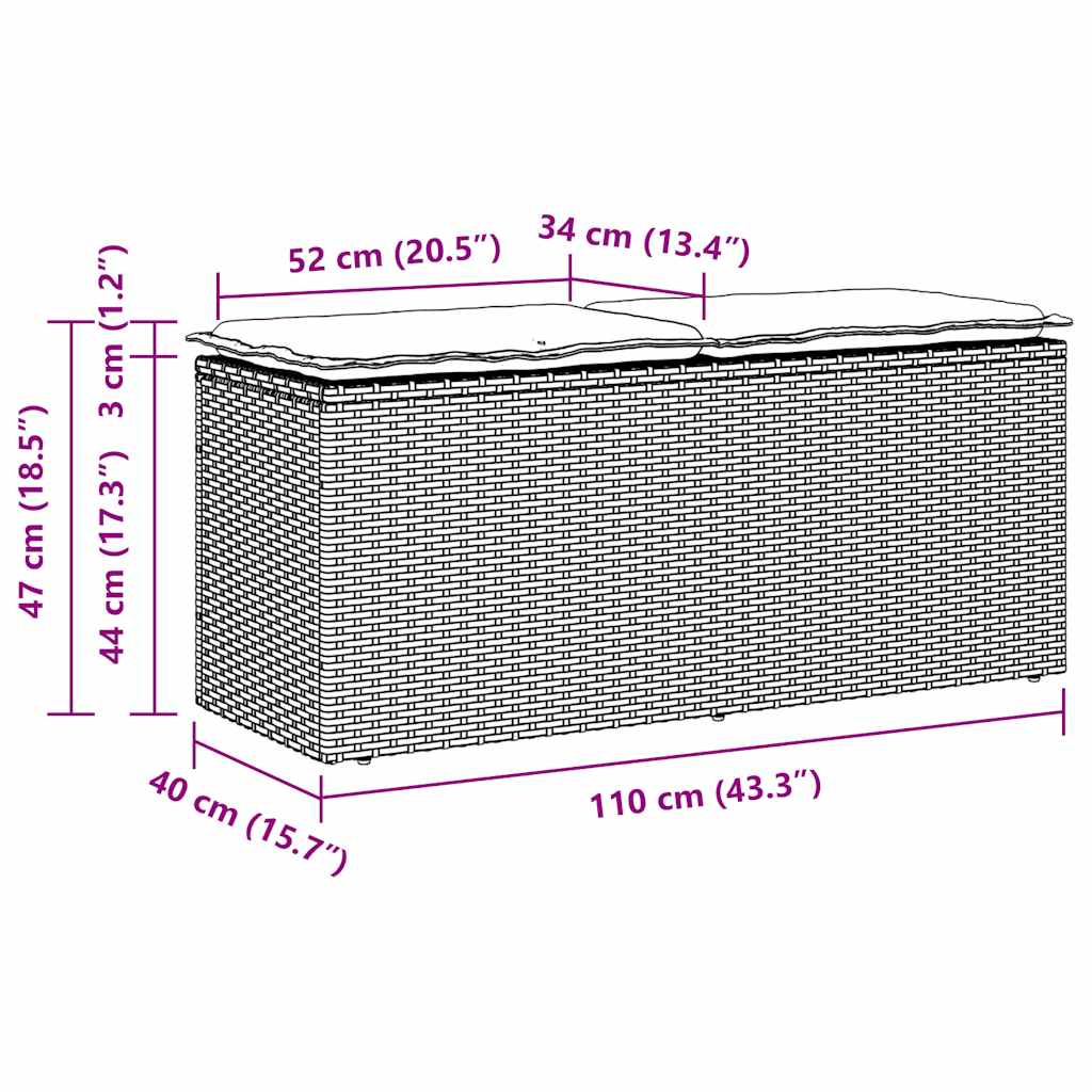 Tuinbank met kussen 110x40x44 cm poly rattan zwart