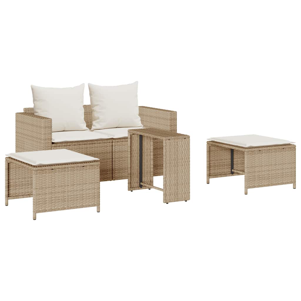 5-delige Tuinbankstel met kussens stapelbaar beige poly rattan