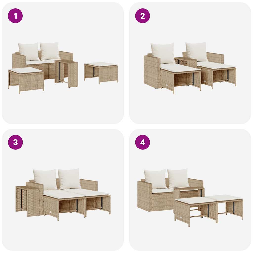 5-delige Tuinbankstel met kussens stapelbaar beige poly rattan