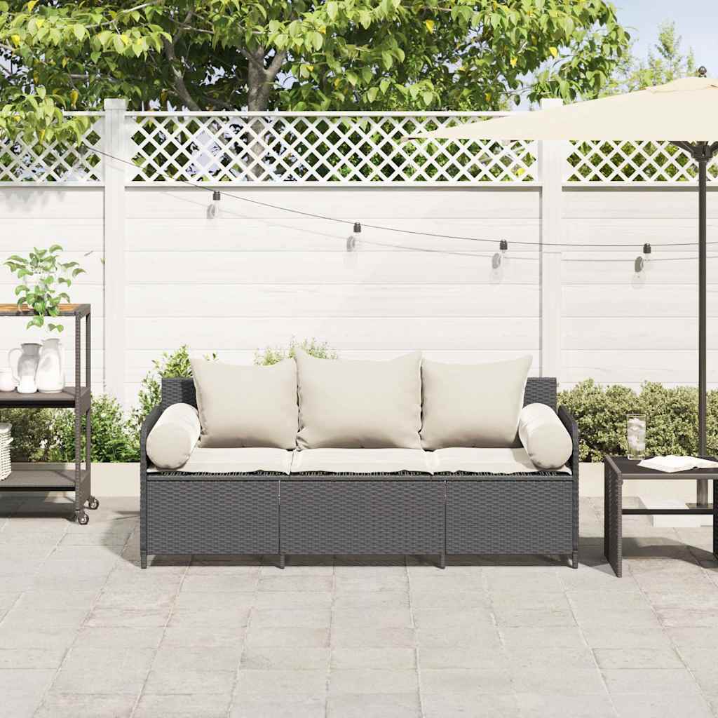 Tuinbank 3-zits met kussens poly rattan zwart