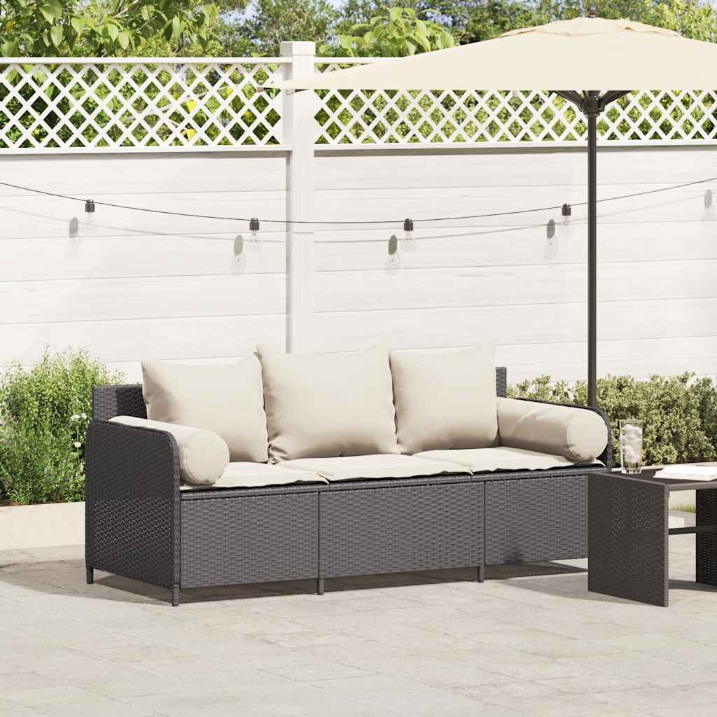 Tuinbank 3-zits met kussens poly rattan zwart