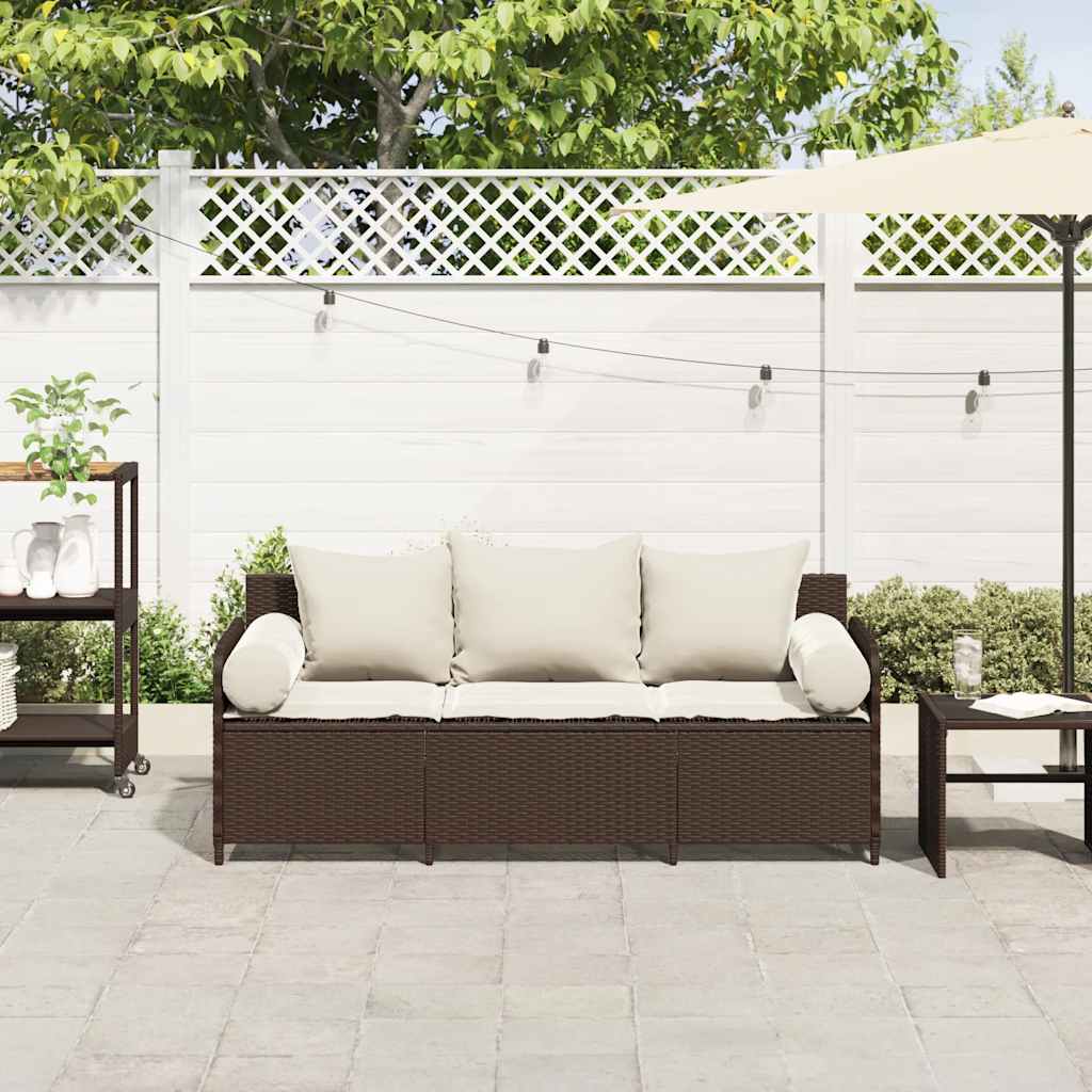 Tuinbank 3-zits met kussens poly rattan bruin