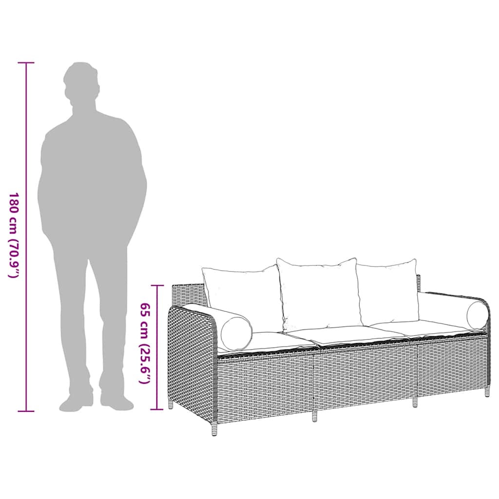 Tuinbank 3-zits met kussens poly rattan bruin