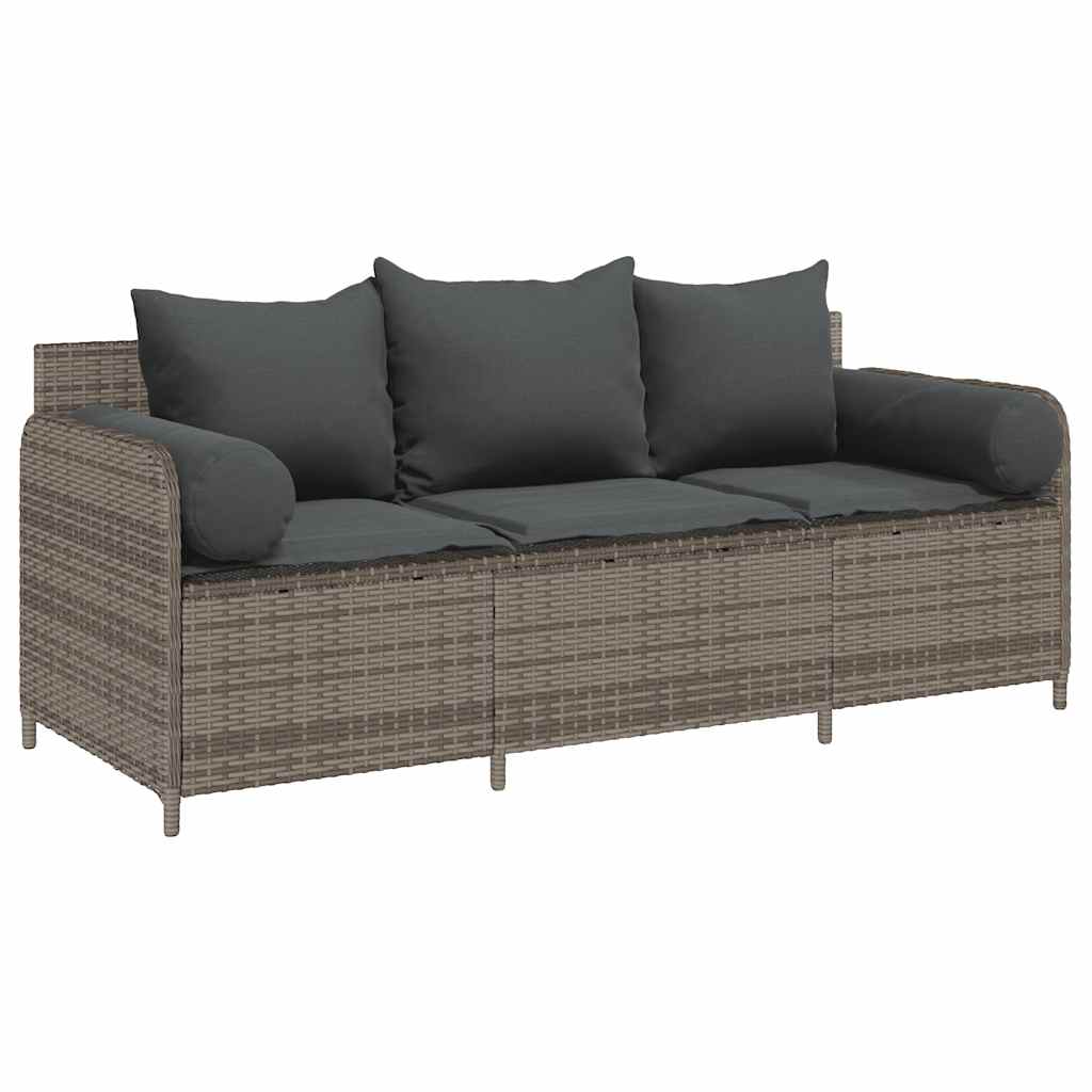 Tuinbank 3-zits met kussens poly rattan grijs