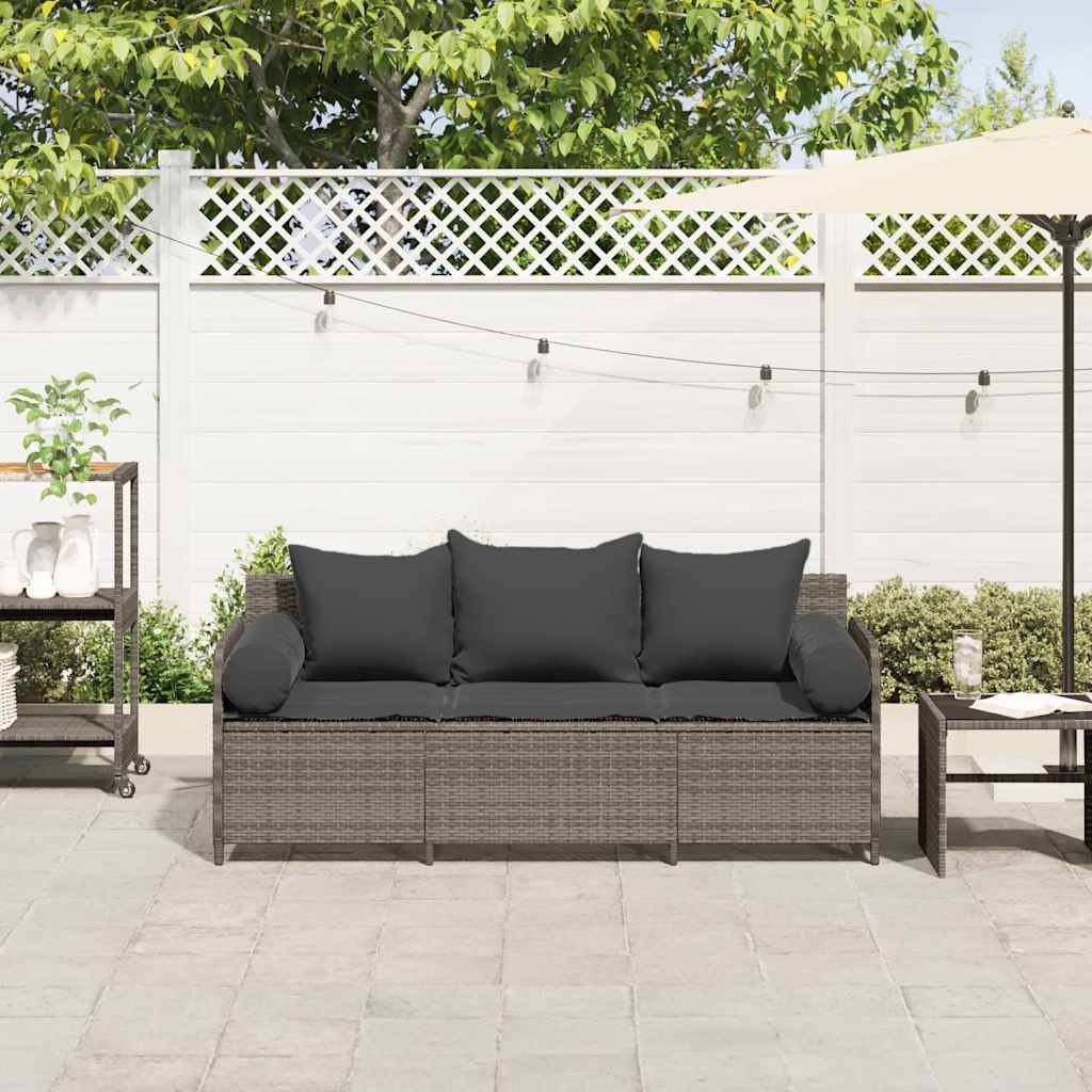 Tuinbank 3-zits met kussens poly rattan grijs
