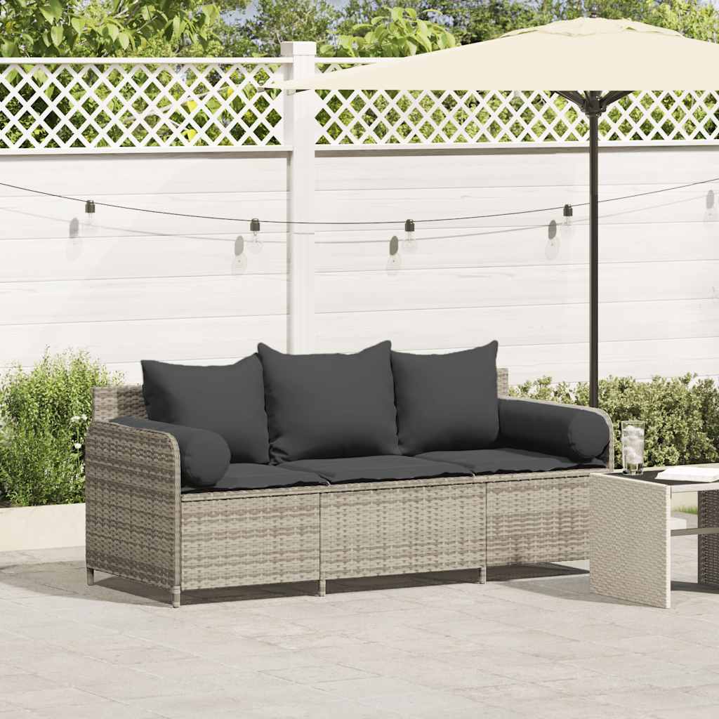 Tuinbank 3-zits met kussens poly rattan lichtgrijs
