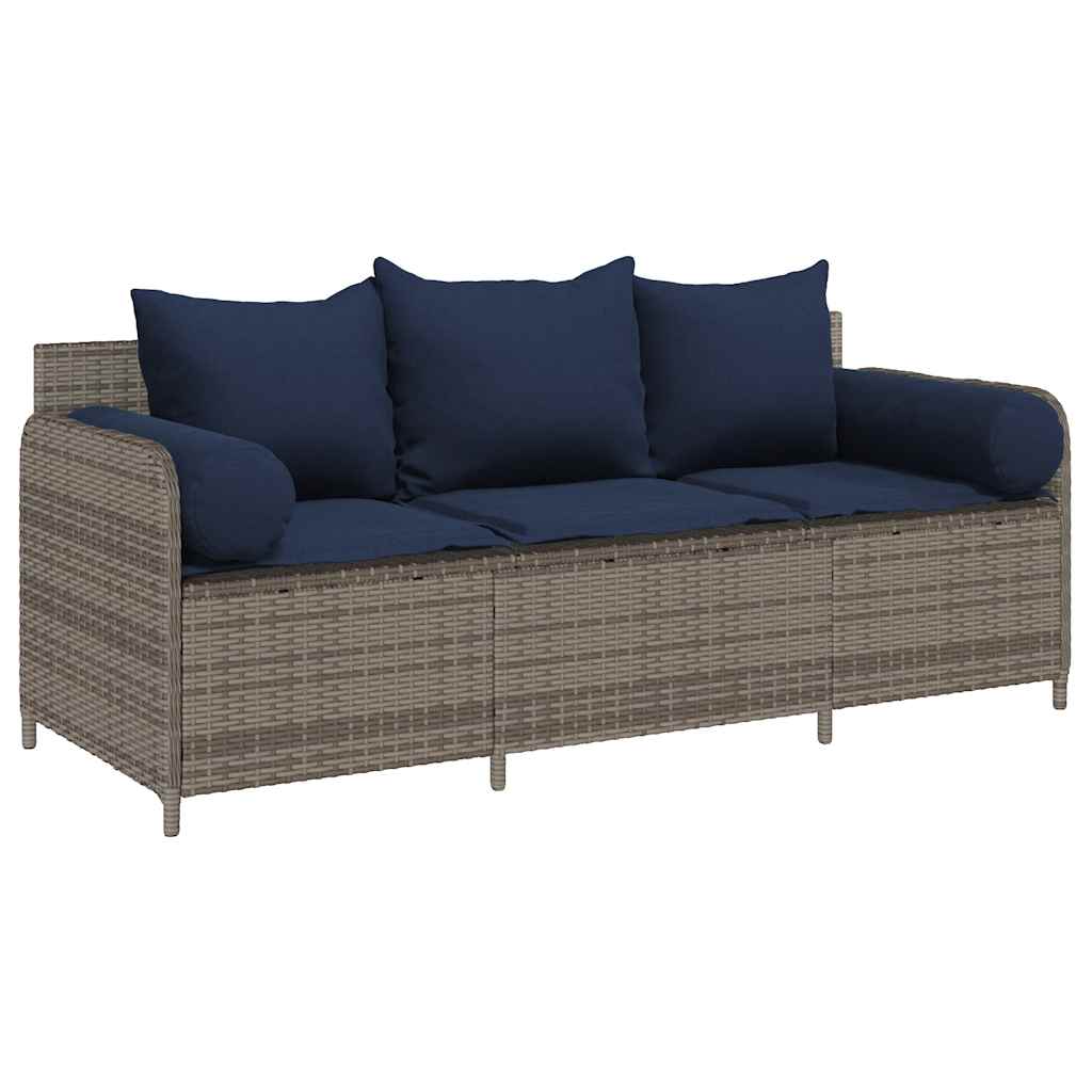 Tuinbank 3-zits met kussens poly rattan grijs