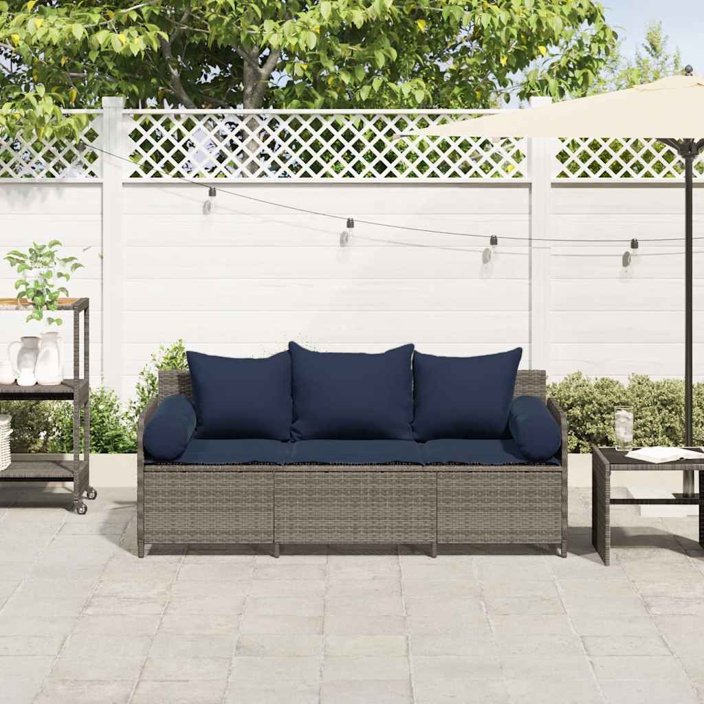 Tuinbank 3-zits met kussens poly rattan grijs