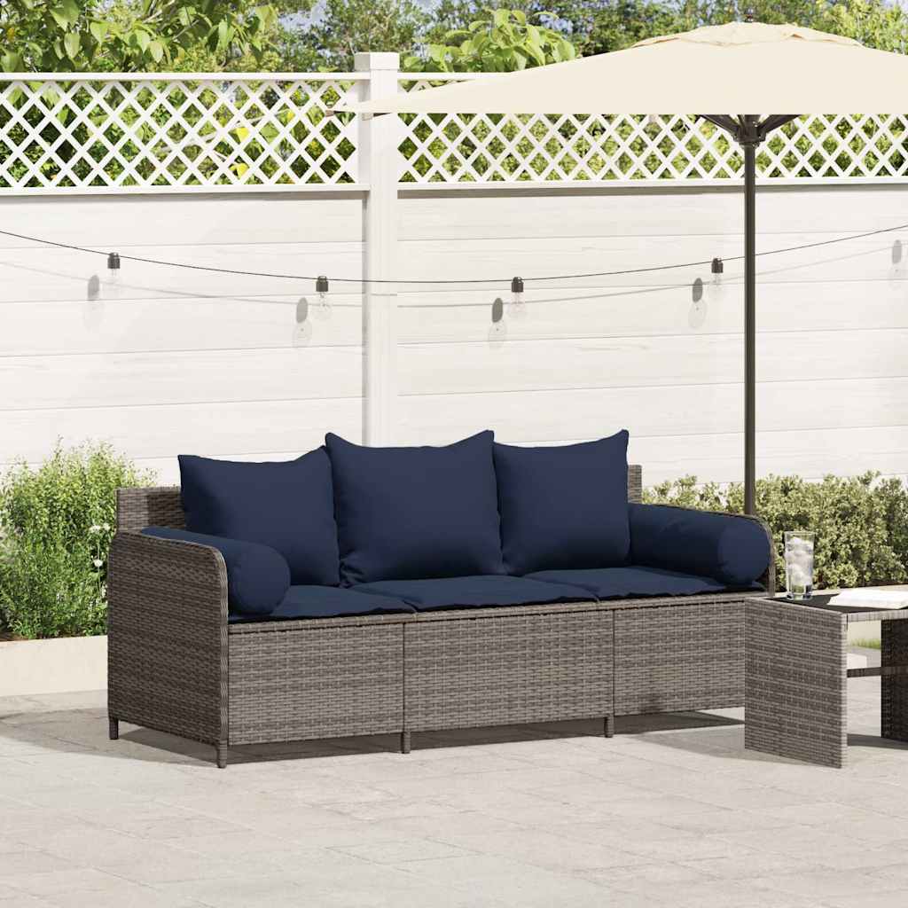 Tuinbank 3-zits met kussens poly rattan grijs